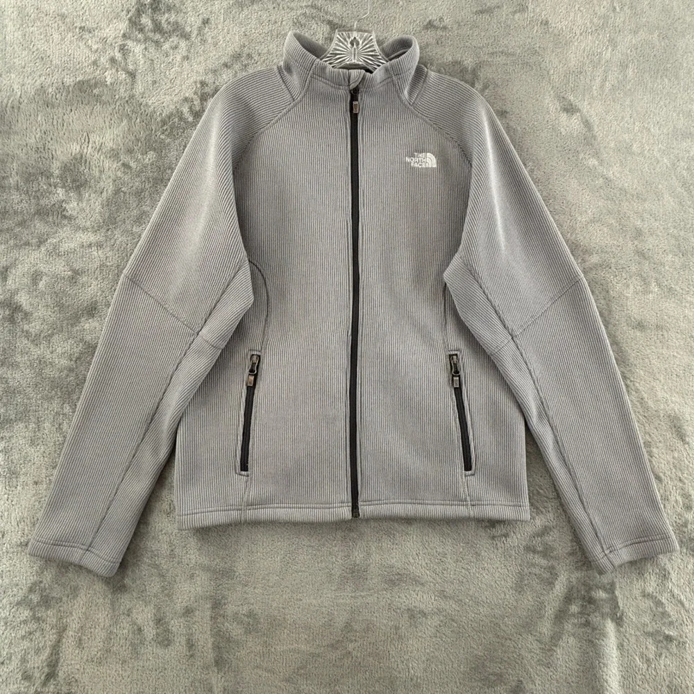 The North Face Ribbed Knit Fleece Jacket Mens M Light Gray Full Zip Pockets